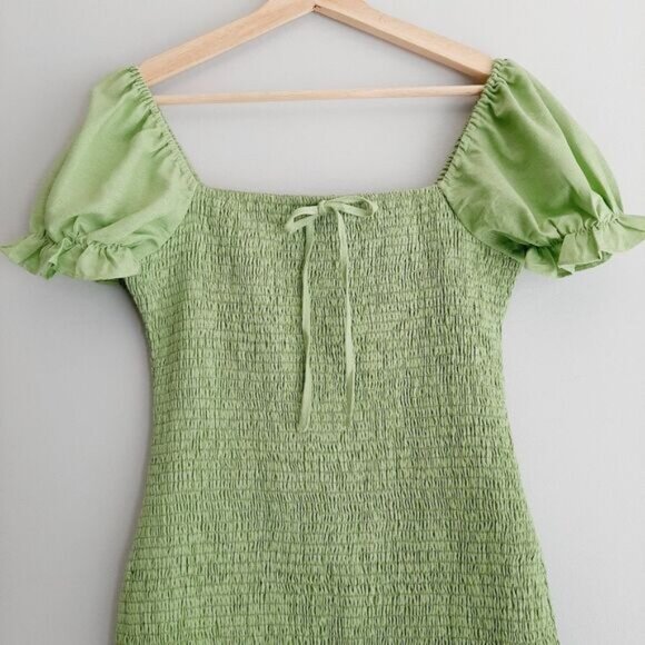 ENGLISH FACTORY / Smocked Ruffle Hem Puff Sleeve Mini Dress Green Sz M - Picture 4 of 14